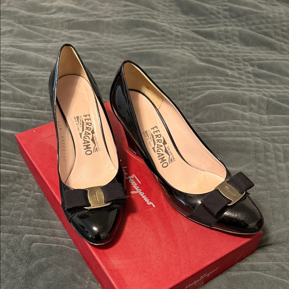 Salvatore Ferragamo Vara Bow Black Patent Wedge Heels